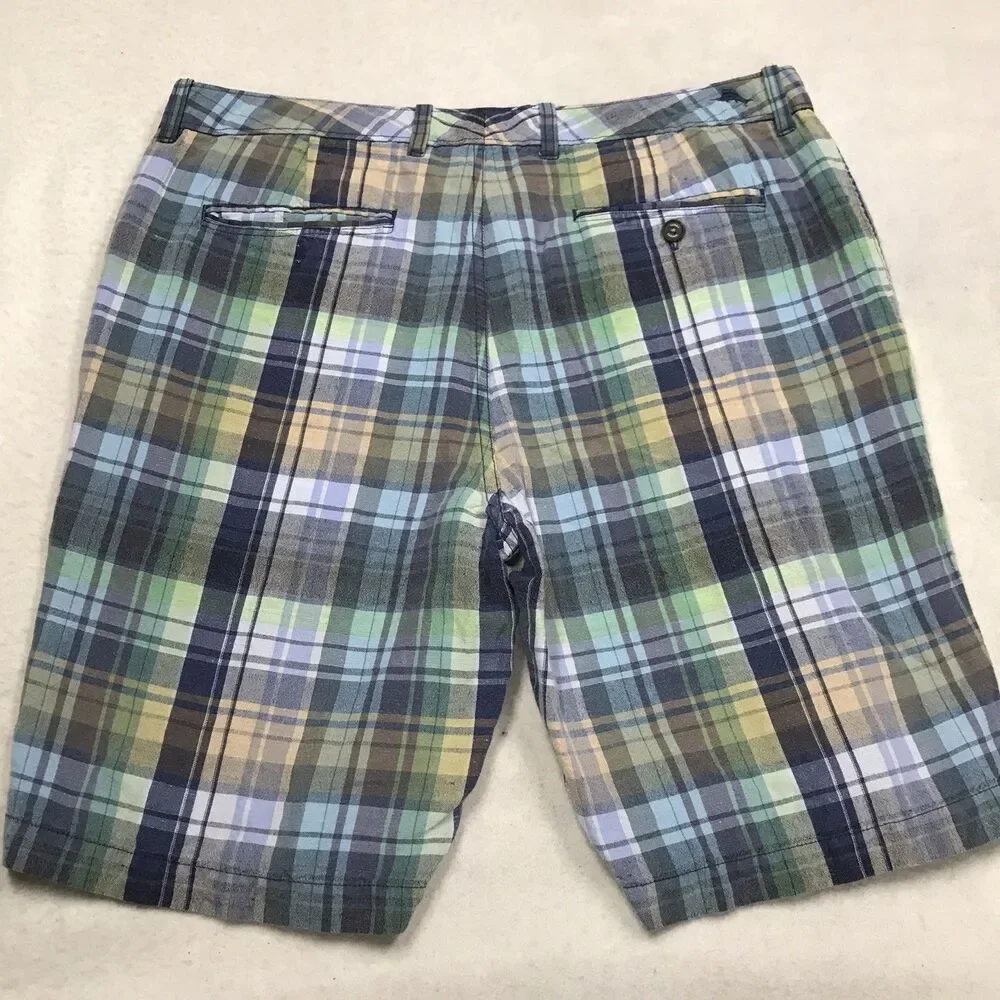 TOMMY BAHAMA Linen Blend Shorts Men 35-36 Turquoise Green Blue Plaid Beach